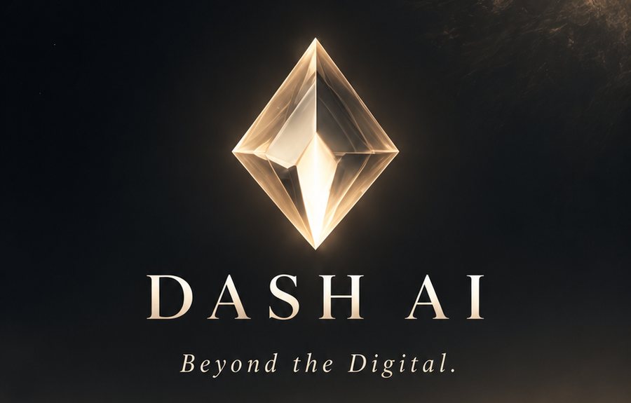 Dash AI brand artwork: a glowing gold crystal above the words Dash AI, Beyond the Digital