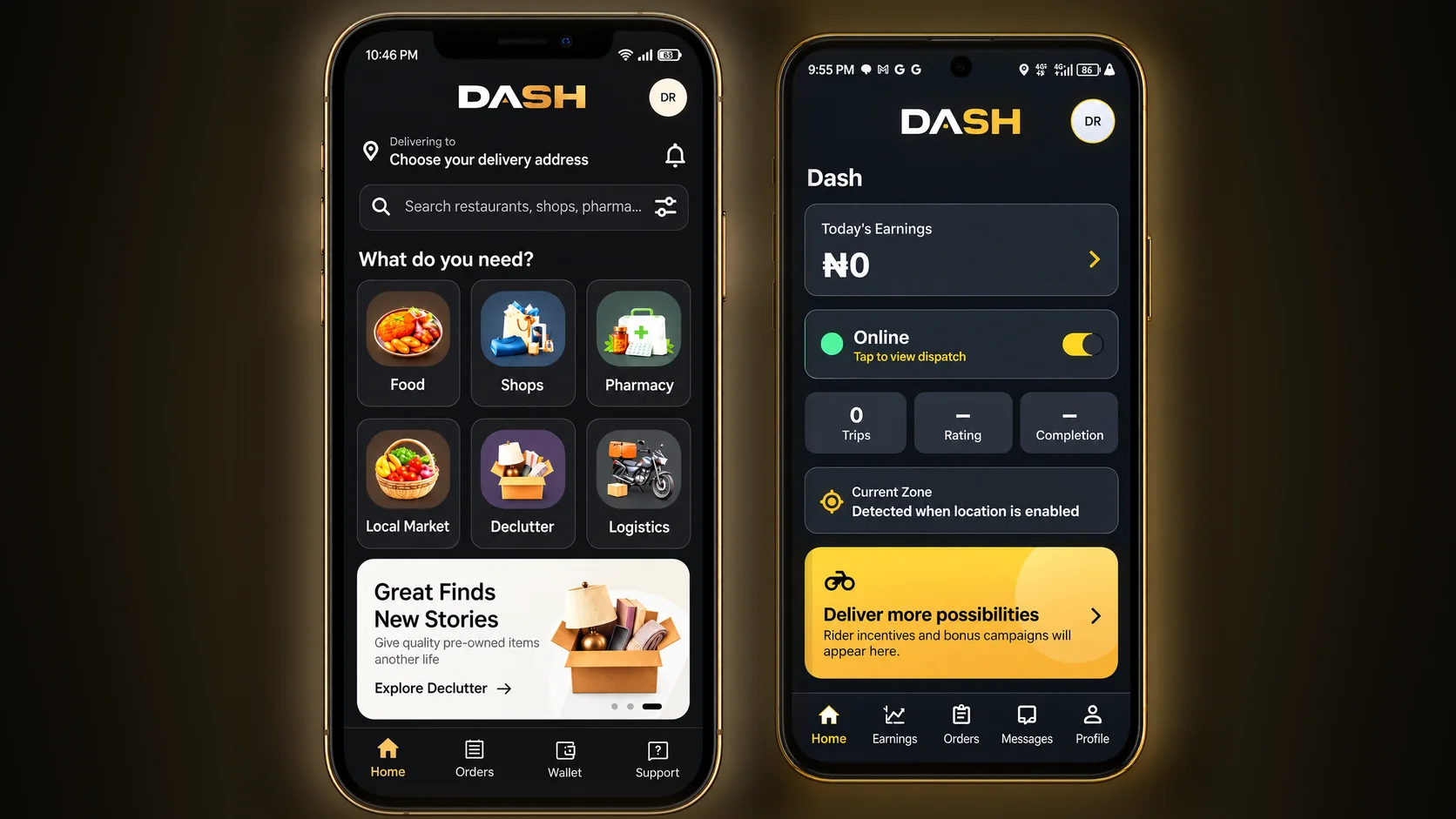Dash app preview: the customer home screen and the rider screen